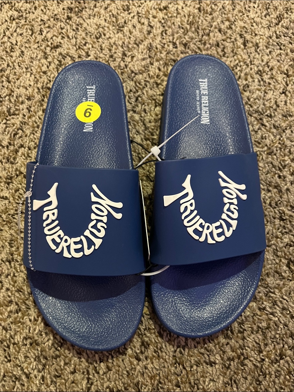 True Religion Blue Slide Sandals with White Logo